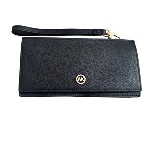 Anne Klein Black Pebble Grain Faux Leather Clutch Wallet Wristlet Gold Logo